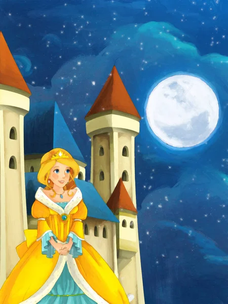 Tecknad Scen Med Prinsessa Trollkvinna Natten Nära Slottet Illustration För — Stockfoto