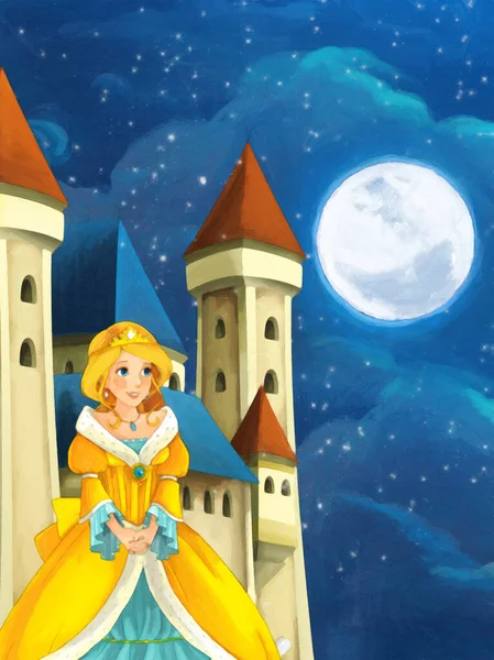Tecknad Scen Med Prinsessa Trollkvinna Natten Nära Slottet Illustration För — Stockfoto