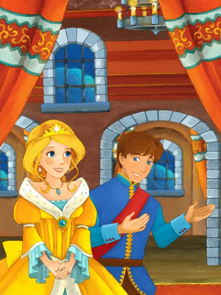卡通片与王子和公主在城堡房间举行婚礼 为儿童艺术创作画图 — 图库照片