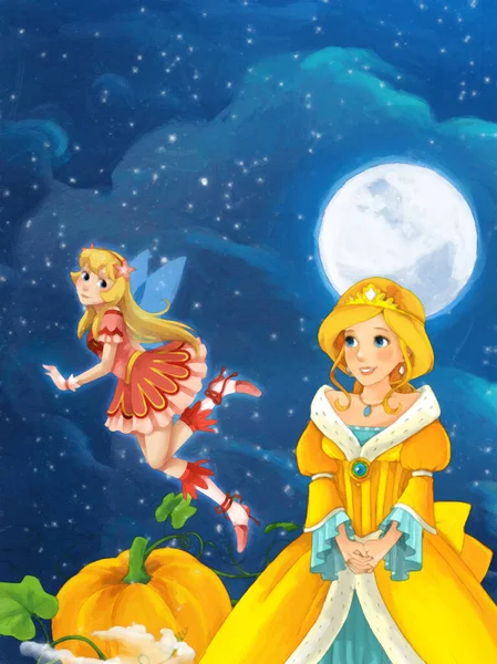 卡通片场景与公主的夜画为儿童艺术创作场景 — 图库照片
