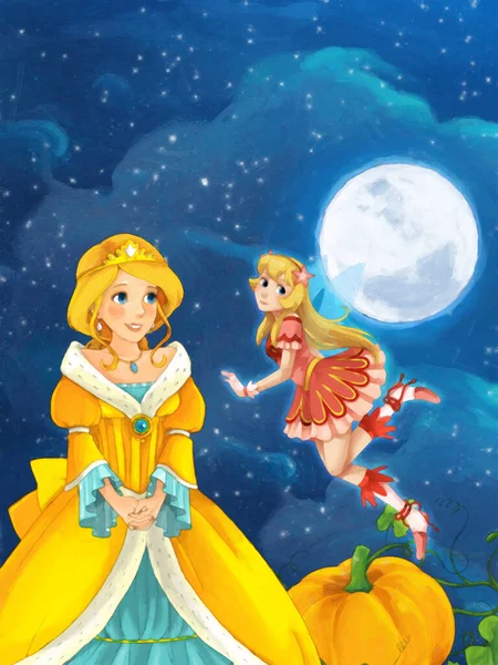 Cartoon Szene Mit Prinzessin Zauberin Bei Nacht Illustration Für Kinder — Stockfoto