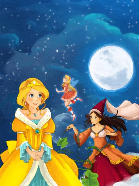 卡通片场景与公主的夜画为儿童艺术创作场景 — 图库照片