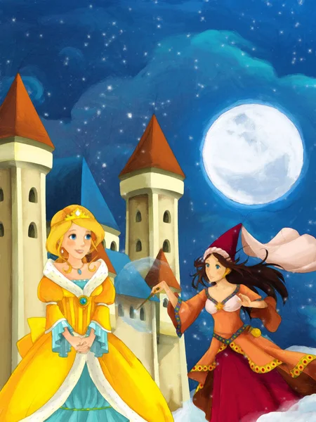 卡通片场景 公主的女魔头在城堡附近的夜晚 为孩子们描绘艺术画场景 — 图库照片