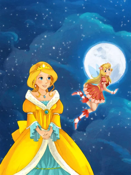 Cartoon Scene Met Prinses Tovenares Door Nachts Illustratie Voor Kinderen — Stockfoto