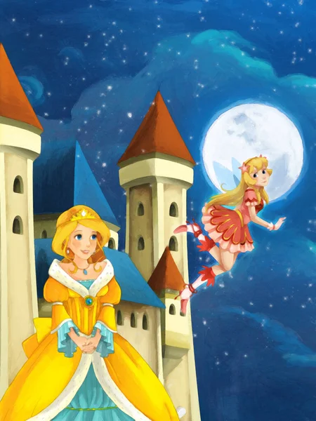 Scena Del Fumetto Con Principessa Maga Notte Vicino Castello Illustrazione — Foto Stock