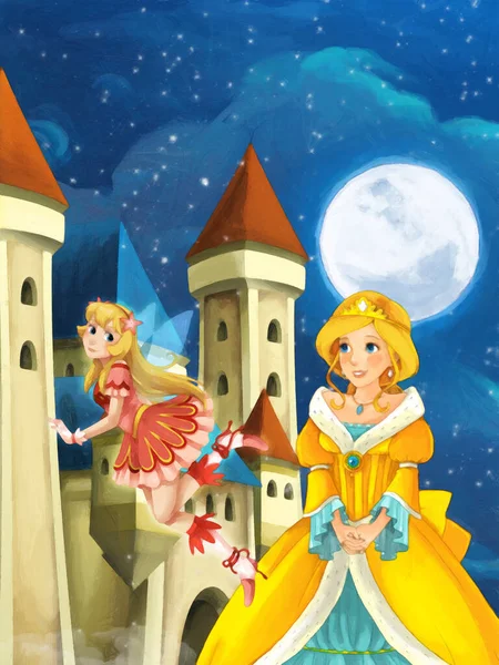 Cartoon Scene Met Prinses Tovenares Nachts Buurt Kasteel Illustratie Voor — Stockfoto