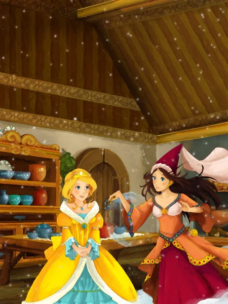 Scène Dessin Animé Avec Princesse Dans Cuisine Maison Ferme Illustration — Photo