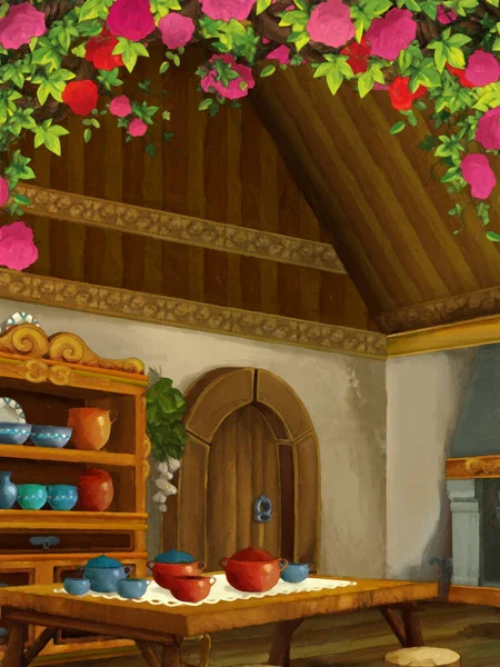 Cena Dos Desenhos Animados Com Sala Cozinha Medieval Com Rosas — Fotografia de Stock