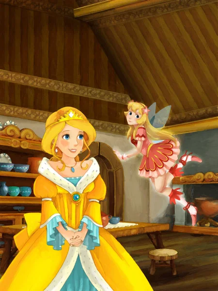Scène Dessin Animé Avec Princesse Dans Cuisine Maison Ferme Illustration — Photo