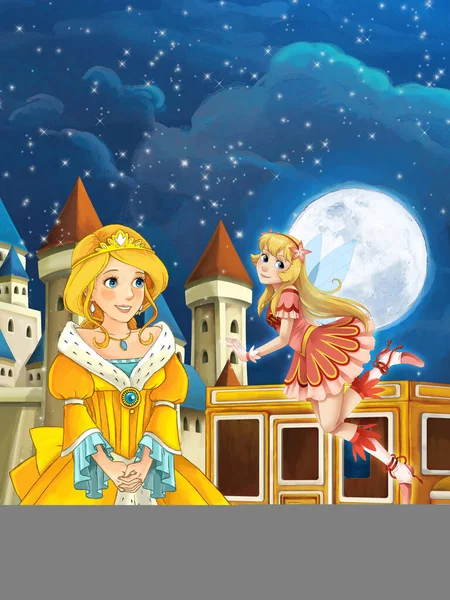 卡通画场景 公主在城堡附近 为孩子们描绘艺术绘画场景 — 图库照片
