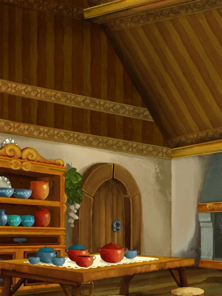 Cartoon Scene Medieval Kitchen Room Interior Different Usage Illustration Children — Stock Photo, Image
