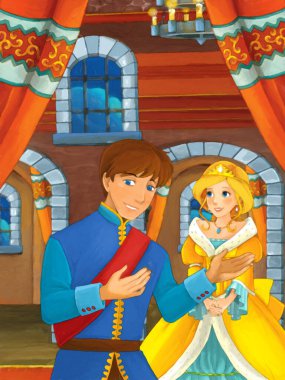 Prens ve Prenses 'in evlendiği karikatür sahnesi şato odasında çocukların resimlerini çiziyor.