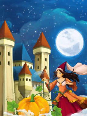 Gece yarısı Prenses Büyücü 'nün olduğu çizgi film sahnesi çocuk sanatsal resim sahnesi için kale illüstrasyonunun yanında.