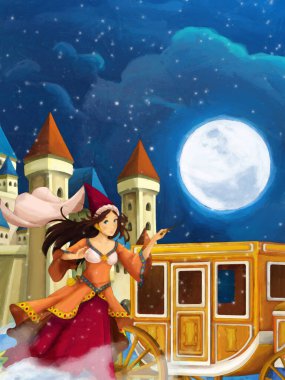 Kale illüstrasyonunun yakınındaki çocuk sanatsal resim sahnesinde prensesle karikatür sahnesi