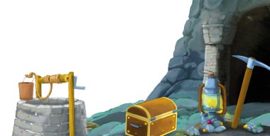 beyaz arkaplanlı madene giriş sahnesi metin için boşluk - çocuk sanatsal sahne için illüstrasyon