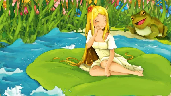 Rajzfilm Jelenet Apró Hercegnő Elf Lány Hölgy Természetben Illusztráció Gyerekeknek — Stock Fotó