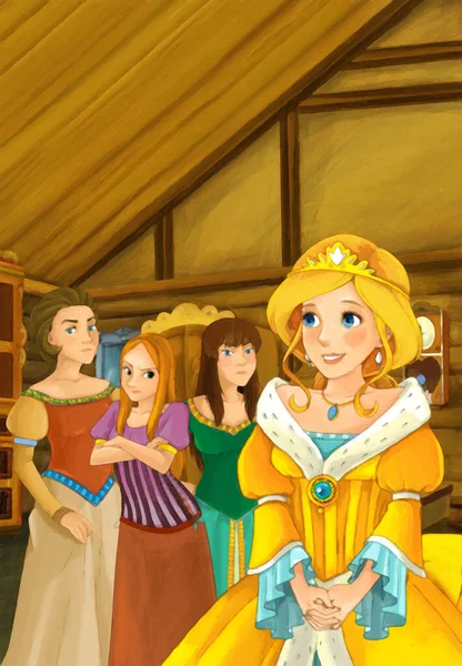农舍厨房里的卡通片与公主一起为孩子们描绘艺术画景 — 图库照片