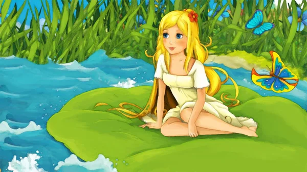 Cartoon Scene Met Kleine Prinses Elf Meisje Dame Natuur Illustratie — Stockfoto