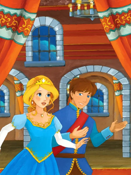 Cena Dos Desenhos Animados Com Príncipe Princesa Casamento Sala Castelo — Fotografia de Stock