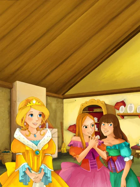 Cena Dos Desenhos Animados Com Princesa Fazenda Casa Cozinha Ilustração — Fotografia de Stock