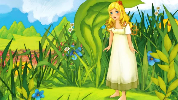 Tecknad Scen Med Liten Prinsessa Nisse Flicka Dam Naturen Illustration — Stockfoto