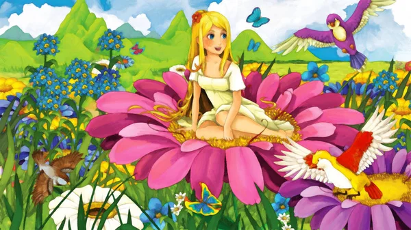Doğada Sanatsal Resim Yapan Küçük Prenses Kızla Çizgi Film Sahnesi — Stok fotoğraf