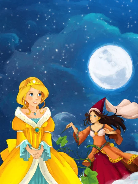 Escena Dibujos Animados Con Princesa Hechicera Por Noche Ilustración Para —  Fotos de Stock