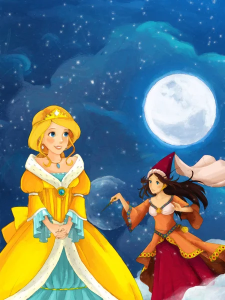 Tecknad Scen Med Prinsessa Trollkvinna Natten Illustration För Barn Konstnärlig — Stockfoto