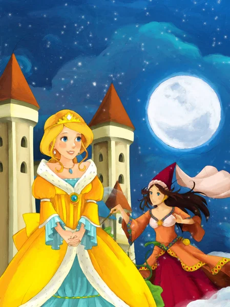 Cartoon Scene Met Prinses Tovenares Nachts Buurt Kasteel Illustratie Voor — Stockfoto