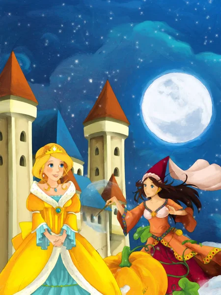Cena Dos Desenhos Animados Com Princesa Feiticeira Noite Perto Castelo — Fotografia de Stock