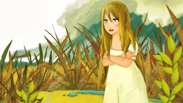 Tecknad Scen Med Liten Prinsessa Nisse Flicka Dam Naturen Illustration — Stockfoto