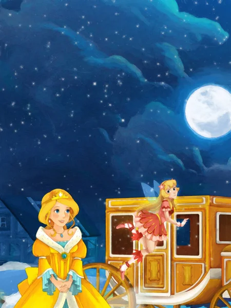 Tecknad Scen Med Prinsessan Nära Slottet Illustration För Barn Konstnärlig — Stockfoto