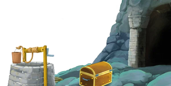 テキストのためのスペースと白の背景に鉱山への入り口を持つ漫画シーン 子供のためのイラストスタイルのシーン — ストック写真