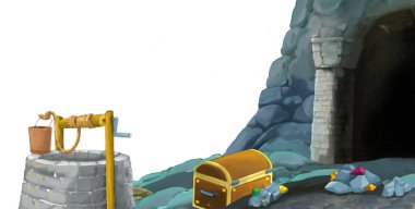 beyaz arkaplanlı madene giriş sahnesi metin için boşluk - çocuk sanatsal sahne için illüstrasyon