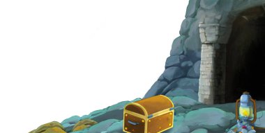 beyaz arkaplanlı madene giriş sahnesi metin için boşluk - çocuk sanatsal sahne için illüstrasyon