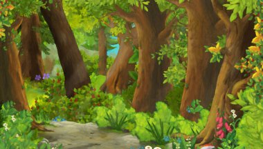 Çizgi film yaz sahnesi. Çocuk sanatsal resim sahnesi için orman illüstrasyonunda çayır var.