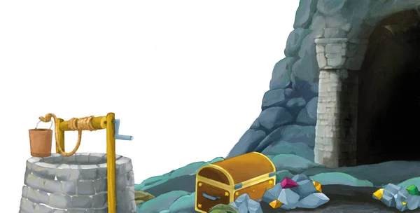 テキストのためのスペースと白の背景に鉱山への入り口を持つ漫画シーン 子供のためのイラストスタイルのシーン — ストック写真