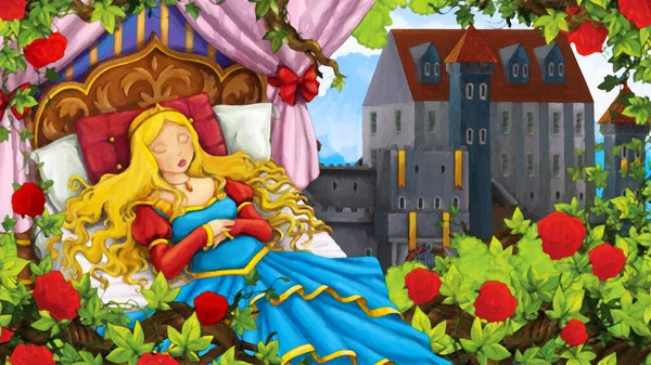 Cartoon scene of rose garden with sleeping princess near castle in the background illustration for children artistic style scene