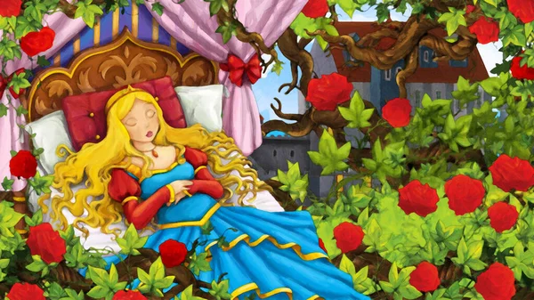 城堡附近有睡梦中公主的玫瑰花园卡通片场景作为儿童艺术风格的背景图 — 图库照片