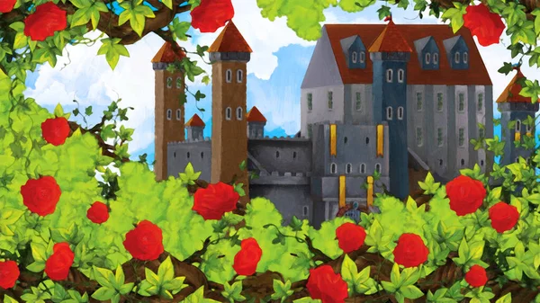 stock image Cartoon scene of rose garden near castle in the background illustration for children artistic style scene