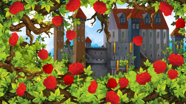 Cartoon Scéna Růže Zahrada Blízkosti Hradu Pozadí Ilustrace Pro Děti — Stock fotografie