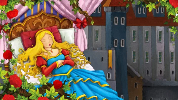 子供のための背景イラストで城の近くに眠る姫とバラ園の漫画シーン芸術的なシーン — ストック写真