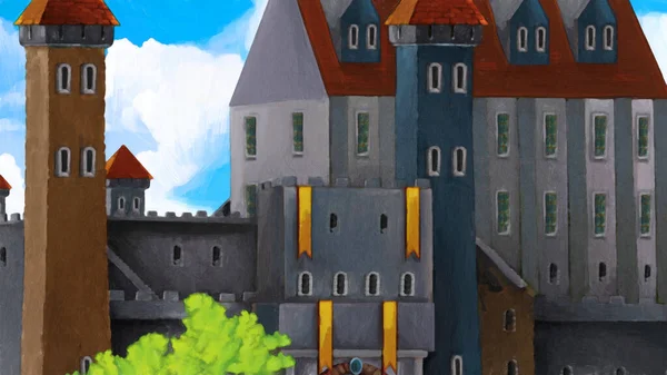 美しい城と漫画の自然シーン 子供の芸術的なスタイルのシーンのためのイラスト — ストック写真