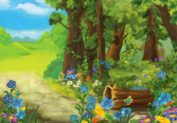 子供のための森のイラストの牧草地と漫画の夏のシーン芸術的なシーン — ストック写真