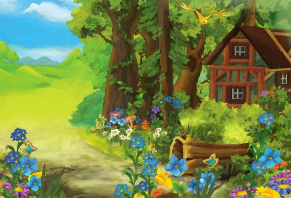森の中の牧草地と子供のための隠された木造住宅のイラストと漫画の夏のシーン芸術的なシーン — ストック写真