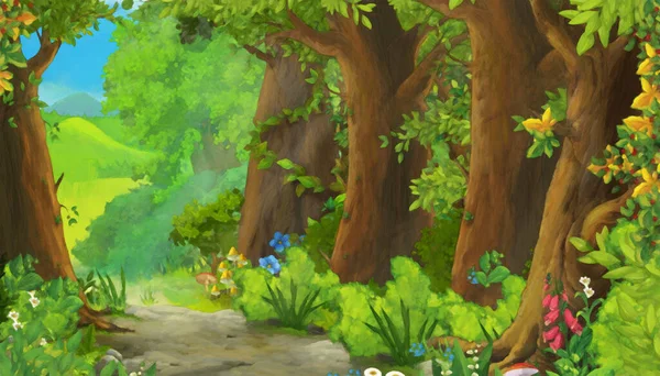 子供のための森のイラストの牧草地と漫画の夏のシーン芸術的な絵のシーン — ストック写真