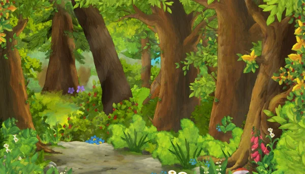 森林中的卡通画夏景 带草甸 为儿童画图艺术场景 — 图库照片