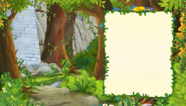 Cartoon Nature Scene Castle Tower Forest Frame Text Illustration Children — Stock Photo, Image