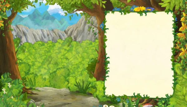 Cartoon Scene Mountains Valley Forest Frame Text Illustration Children Artistic — Stock Photo, Image
