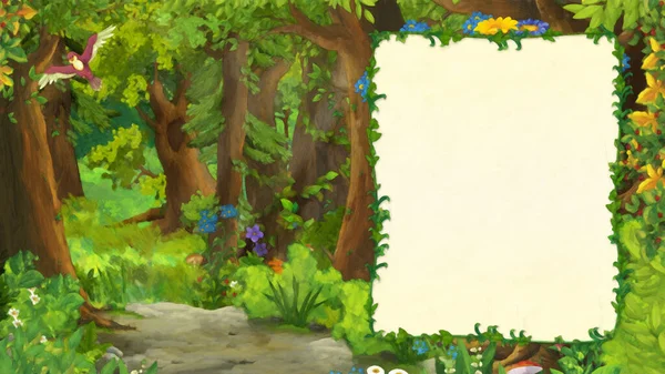 Ormandaki Çayır Karikatür Sahnesinde Çocukların Sanatsal Çizimleri Için Çerçeve Kullanıldı — Stok fotoğraf